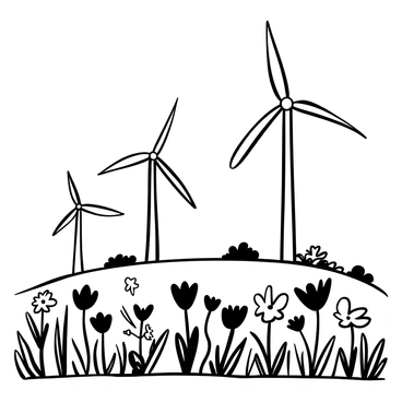 A series of wind turbines standing tall on a hilltop, their blades rotating gently in the breeze. The hill is covered with a variety of wildflowers, each plant distinct in shape and size, creating a textured landscape. The wildflowers spread across the foreground, their stems and leaves detailed amongst the blades of grass. The sky above is clear, providing a stark contrast to the structures below. The wind turbines are aligned in a row, showcasing their sleek designs against the natural backdrop.