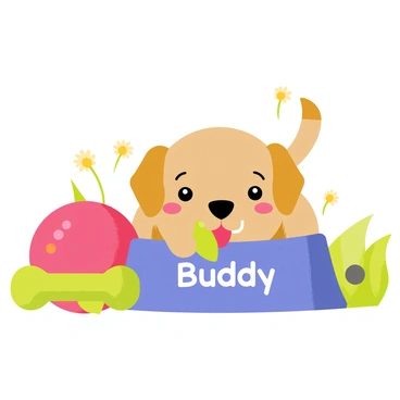 A playful scene featuring a small brown puppy with floppy ears happily eating from a blue personalized dog bowl. The bowl has the name "Buddy" written in white letters on the side. Surrounding the puppy are colorful dog toys, including a red ball and a green chew toy. The puppy has a joyful expression, with its tongue out as it enjoys its meal. In the background, there is a grassy area with a few daisies scattered around, creating a cheerful atmosphere.