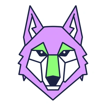 A wolf head is constructed entirely from geometric shapes. The shapes vary in size and are arranged to form a distinct outline of a wolf's features. The eyes are represented by two sharp triangles positioned to give an intense gaze. The snout is created using a combination of squares and rectangles, effectively illustrating the wolf's strong jawline. The ears are pointed and depicted with a series of elongated shapes at the top, adding to the fierce appearance. The overall structure is bold and striking, creating a symmetrical design that captures the essence of a wolf.
