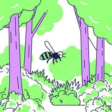 A hornet is flying through a dense forest. The hornet has distinct stripes on its body and is in motion, darting among tall trees with thick trunks and leafy canopies. Sunlight filters through the leaves, casting dappled shadows on the forest floor. Various shrubs and ferns are visible at the base of the trees, enhancing the lushness of the environment. The hornet's wings are blurred slightly to indicate speed as it weaves in and out of the branches and foliage.