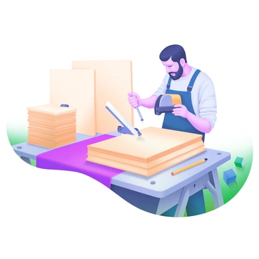 A craftsman is standing at a workbench, focused on cutting a large sheet of "illustration board" into various custom sizes. He is using a precision cutter, with his hands steady and careful. Surrounding him are neatly stacked pieces of cut board in different dimensions. Scattered around the workbench are tools such as a ruler, a pencil, and a cutting mat. The workspace is filled with natural light, emphasizing the textures of the board and the craftsmanship involved in the cutting process.