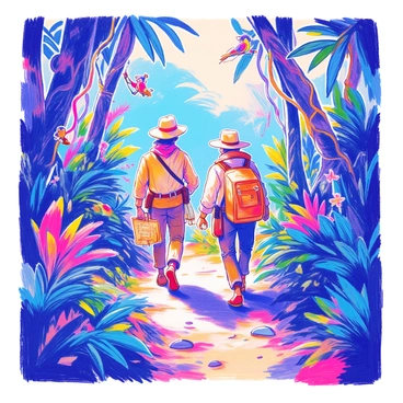 An explorer is making their way through a dense jungle. They are dressed in a khaki shirt and cargo pants, with a wide-brimmed hat to shield themselves from the sun. In one hand, they hold an old, weathered map, while the other hand is grasping a brass compass. Surrounding them are towering trees with thick green foliage and vines draping down. There are colorful tropical flowers peeking through the greenery, and wildlife such as birds and small monkeys can be seen in the branches above. The ground is covered in rich, dark soil with patches of ferns and underbrush.
