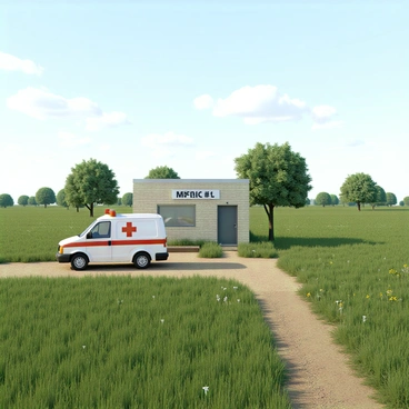 A white medical van with a red cross emblem is parked neatly outside a small rural clinic. The clinic is a modest building made of light-colored bricks with a simple sign indicating its name. Surrounding the clinic are vast green fields filled with tall grasses and scattered wildflowers. The sky above is clear with a few fluffy clouds. In the distance, there are a few trees providing shade, and a dirt road leads up to the clinic, showing signs of recent use.