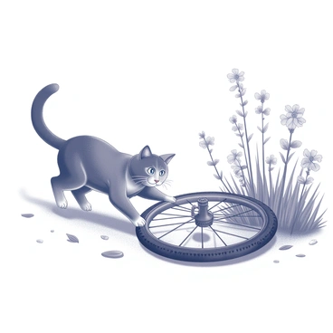 A cat with a sleek fur coat is playfully chasing a vintage bicycle wheel in a garden. The cat is in mid-pounce, with one paw reaching forward towards the wheel. The bicycle wheel is resting on the ground, showing signs of wear and age, with rusty spokes and a weathered tire. Surrounding the scene, there are various garden elements, including tall grass, blooming flowers, and a few scattered leaves. The atmosphere is lively, capturing the dynamic interaction between the cat and the wheel.
