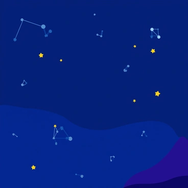 A deep blue night sky filled with numerous bright stars twinkling in various sizes. The stars are clearly visible against the dark backdrop, and some are forming recognizable constellations. Each constellation is depicted with glowing lines connecting the stars, showcasing their shapes in a vibrant manner. The stars are animated, with some appearing to blink in a rhythmic pattern, adding a sense of life to the scene.