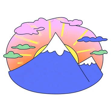A tall, majestic mountain stands prominently against the horizon. The peak of the mountain is capped with shimmering white snow. A vibrant sunset is occurring, with deep orange and soft pink hues blending seamlessly in the sky. Shades of green and blue are scattered throughout, resembling chakra colors. The sky is expansive, highlighting the beauty of the mountain silhouette. Bright rays of light radiate from the setting sun, illuminating the scene with a warm glow.