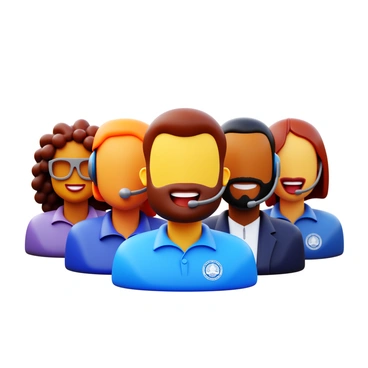 A lineup of diverse 3D customer support avatars in a semi-circle. Each avatar has unique features representing different ethnicities and genders. One avatar has short curly hair and wears glasses, while another has long straight hair with a headset. A third avatar sports a beard and a friendly smile. Each avatar is dressed in professional attire, such as a polo shirt or blazer, with an emblem of a customer support service visible. They stand confidently, with welcoming expressions, ready to assist customers.