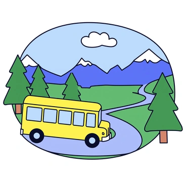 A bus with a bright yellow exterior is traveling along a winding mountain road. The bus has large windows, reflecting the surrounding scenery. On both sides of the road, there are tall green pine trees, and in the background, there are majestic mountains with craggy peaks. The sky above is a clear blue, dotted with a few fluffy white clouds. Lush valleys can be seen below, creating a picturesque landscape.