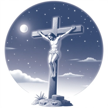 A figure of Jesus hanging on a cross with arms outstretched. His head is bowed slightly, and there are visible signs of suffering. The cross is wooden, with rough texture and sturdy beams. Surrounding the scene is a vast night sky filled with numerous stars twinkling brightly. The moon is partially visible, casting faint shadows on the ground. There are delicate clouds scattered in the sky, adding depth to the nighttime backdrop. The ground is uneven, with some rocks and sparse vegetation around the base of the cross.