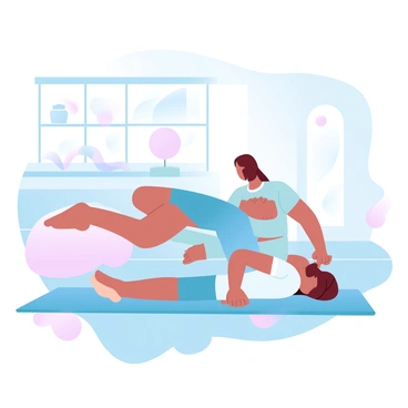 A physical therapist is guiding a client through pelvic tilt exercises on a yoga mat in a bright and airy therapy room. The therapist demonstrates the movement with clear, precise posture, showing the correct alignment of the spine. The client is lying on their back with knees bent and feet flat on the mat, following the therapist's instructions. Exercise equipment, such as a stability ball and resistance bands, is visible in the background. Soft, gradient pastel colors fill the room, creating a calming atmosphere.