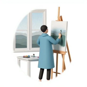 An artist, wearing a blue raincoat and a black beanie, is standing next to an open window, painting a landscape filled with rolling hills and a soft gray sky. The window frames a scene of light rain falling softly outside, creating small puddles on the ground below. A wooden easel holds a canvas where the artist captures the details of the scene. Paintbrushes are scattered on the table beside the artist, and a palette filled with various colors rests within reach. The room is filled with natural light diffused through the rainy atmosphere, highlighting the artist's focused expression as they work.
