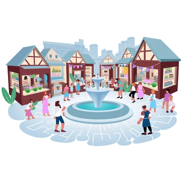 A bustling medieval town square filled with market stalls displaying various goods like fruits, vegetables, and handmade crafts. People are walking around, dressed in period costumes that include long flowing dresses for women and tunics for men. Some individuals are engaged in lively conversations, while others are browsing the stalls. A large stone fountain is located in the center of the square, surrounded by cobblestone paths. Colorful banners and flags are hanging from the stalls, adding a festive atmosphere to the scene. In the background, stone buildings with wooden beams create a traditional medieval architecture setting.
