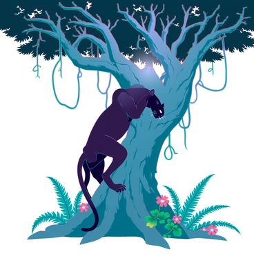 A sleek black panther with sharp, piercing eyes is gracefully crawling up the trunk of a massive, ancient tree. The tree's bark is rough and gnarled, exhibiting deep grooves and an extensive network of vines. Sunlight filters through the thick leafy canopy above, casting dappled shadows on the ground below. The panther's muscles are tense, showcasing its strength and agility as it ascends with purpose. Surrounding the tree are lush green ferns and colorful flowers, enhancing the vibrant natural setting.