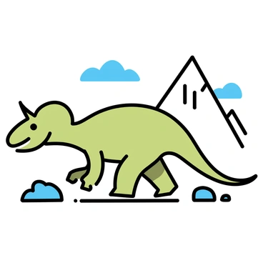 An iguanodon with green scales and a sturdy build is walking across a rocky terrain. The ground is uneven with large, jagged rocks scattered around. In the distance, there are tall mountains with sharp peaks under a clear blue sky. The iguanodon is moving with a purposeful stride, its large thumb spikes visible as it navigates the rocks.