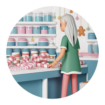 An elf, with pointy ears and long, flowing silver hair, wearing a vibrant green tunic and red pants, stands by a large candy-making machine. The factory is filled with colorful candy canes in various stages of production. The elf is inspecting a conveyor belt where striped red and white candy canes are being shaped and cooled. Surrounding the elf are shelves packed with jars filled with sparkling sugar and sweet ingredients. The atmosphere is lively, with magical lights illuminating the bright, cheerful colors of the candy. A whimsical touch is added by a few gingerbread men decorations hanging from the ceiling.