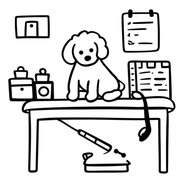A cavoodle sitting patiently on a veterinarian's examination table, with its curly fur neatly groomed. The table is equipped with various instruments and tools typically used in veterinary care. A stethoscope is draped over one corner of the table. A clipboard with a pen lies nearby, suggesting an ongoing examination. There are medical charts and supplies in the background, creating a clinical atmosphere. The cavoodle looks alert, with its ears perked up, surrounded by an organized setting of veterinary equipment.