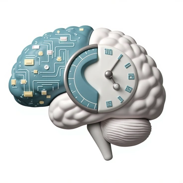 A digital circuit board on one side of the brain and an analog clock on the other