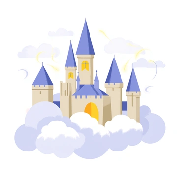 A majestic castle with tall, pointed towers and intricate stonework is floating above soft, fluffy clouds. The castle features large arching windows and banners fluttering in the breeze. Surrounding the castle are glowing, swirling mists in shades of blue and white, illuminating the scene with a magical light. The clouds below are billowy and white, creating a dreamy atmosphere. The sky is a gradient of soft pastel colors, enhancing the enchanting setting.