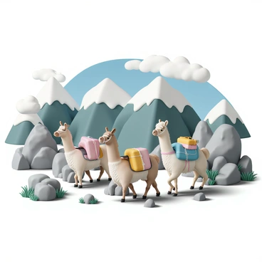 A group of three alpacas, each loaded with colorful supplies, traverses a rugged mountainous terrain. The alpacas have fluffy white and light brown fur, with one wearing a blue blanket on its back. They navigate between rocky outcrops and patches of green grass. The background showcases towering mountains with snow-capped peaks under a clear blue sky. The sun casts shadows across the rocky ground as the alpacas move confidently, their ears perked up, scanning the surroundings.