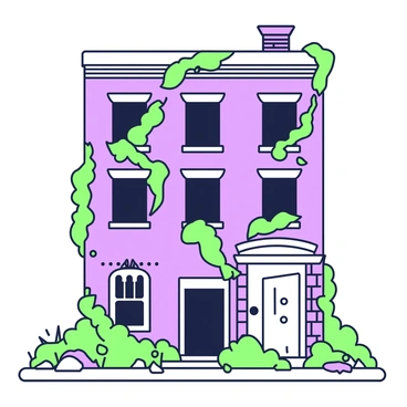 An old, abandoned building stands tall with its exterior showing signs of deterioration. The structure has several broken windows, revealing empty, dark spaces inside. Vines are creeping up the walls, their tendrils wrapping around the bricks and creating a sense of wild growth. The surrounding ground is uneven and scattered with debris, while patches of grass and weeds push through the cracks in the concrete. A weathered door hangs slightly ajar, adding to the overall sense of abandonment and neglect.