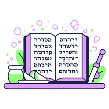 An open book is displayed on a wooden table. The pages of the book are filled with intricate ancient Hebrew scripts. Each script is elegantly written, flowing across the pages. Surrounding the book are traditional Rosh Hashanah symbols, including slices of apple arranged on a small plate, a jar of honey, and a shofar resting gently beside the book. The overall composition highlights the significance of the Rosh Hashanah celebration through these culturally relevant elements.