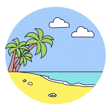 A tropical beach scene with a wide stretch of golden sand. In the foreground, there are several tall, green palm trees with their fronds gently swaying. The water is a clear turquoise color, gently lapping at the shore. The sky is bright blue with a few fluffy white clouds scattered across it. A few seashells are visible on the sand near the water's edge.