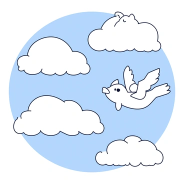 Fluffy clouds in the sky are shaped like different animals. One cloud resembles a playful puppy with floppy ears, another looks like a soaring eagle with outstretched wings, and a third forms the shape of a curled cat. The clouds are soft and white, contrasting against a bright blue sky.