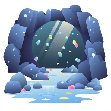 A large, dark cave entrance is framed by rough, jagged rocks that rise tall on either side. Inside the cave, numerous glittering crystals of various shapes and sizes are embedded in the walls, reflecting light in sparkling hues. An underground stream flows through the cave, with clear water gently cascading over smooth stones. The surface of the water catches the light from the crystals, creating a mesmerizing play of colors. Stalactites hang from the ceiling, some adorned with tiny drops of water that glisten as they catch the light. The overall atmosphere is one of enchantment and wonder.