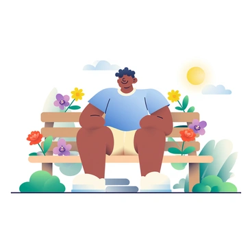 Samson, a man with medium skin and short curly hair, is sitting on a wooden bench in a garden. He is wearing a light blue shirt and beige shorts. Surrounding him are various blooming flowers, including red roses, yellow daisies, and purple orchids. The sun is shining softly, casting gentle shadows on the ground, and there are green leaves gently swaying in a light breeze. In the background, a small stone pathway winds through the garden, inviting exploration.