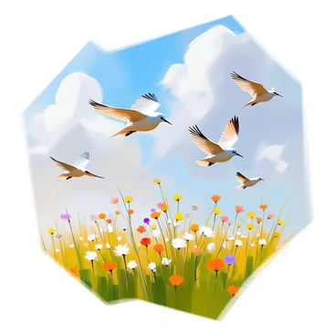 Multiple birds soaring calmly in a gentle breeze over a green meadow