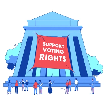 An illustration of an iconic landmark draped with a banner supporting voting rights