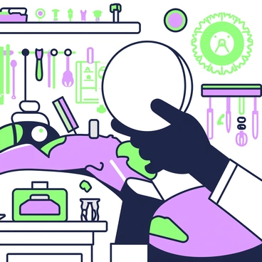 A close-up view of a hand adjusting a motorcycle mirror. The hand is wearing a black leather glove, gripping the mirror's reflective surface. The motorcycle is partially visible in the background, showing its sleek design with chrome accents. Tools can be seen scattered around on a workbench, along with a green toolbox. The garage environment is filled with spare parts, hanging tools, and an assortment of motorcycle gear, creating a sense of an active workspace.