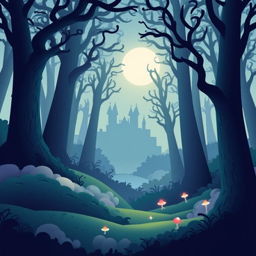 A dark enchanted forest illuminated by the eerie glow of a full moon