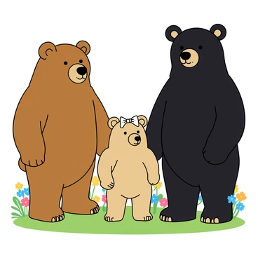 Three bears standing side by side in a playful setting. The first bear on the left is a large brown bear with a gentle smile, its fur fluffy and well-groomed. The middle bear is a smaller, lighter-colored bear, looking a bit shy, with sparkling eyes and a tiny bow on its head. The bear on the right is a tall, sleek black bear, standing confidently with its paws slightly apart. Each bear has a distinct expression, showcasing their unique personalities, and they are surrounded by a colorful forest with bright flowers and green grass beneath their feet.