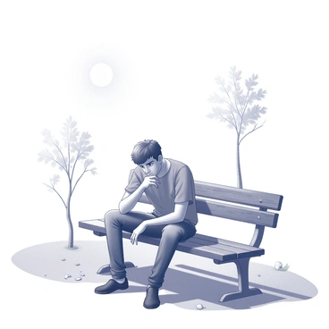 A young man named Jonah sits on a weathered wooden bench. He is dressed in casual clothing, with his head slightly bowed and a thoughtful expression on his face. Directly above him, the sun is high in the sky, casting strong shadows on the ground around him. The setting is a park with a few sparse trees in the background, their leaves rustling gently in the warm breeze. The ground is a mix of grass and dirt, and there are scattered pebbles nearby. Jonah rests one elbow on his knee, with his hand supporting his chin, lost in contemplation.