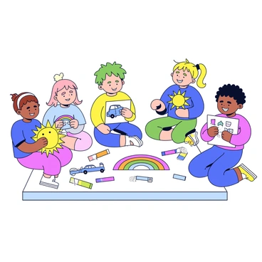 A group of children sitting on the sidewalk, each focused on their own chalk drawings. One child is using a bright yellow chalk to draw a large sun with rays extending outward. Another child is sketching a green tree with a brown trunk. A girl is creating a rainbow using multiple colors of chalk, while a boy is drawing a blue car. The sidewalk is covered with a variety of colorful illustrations, showcasing their creativity. The children are smiling and laughing as they share their artwork with each other.