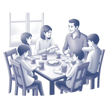 A warm family gathering around the breakfast table, enjoying bread with different jams.