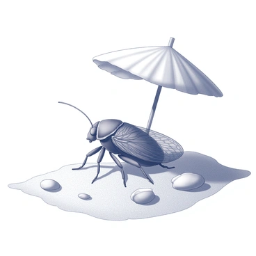 A cicada positioned on a tiny beach, resting on the fine grains of sand. The cicada has detailed wings spread out slightly, showcasing their texture. Above it, a small shell serves as an umbrella, casting a delicate shade over the cicada. Surrounding the scene are tiny pebbles scattered along the shore and the gentle outline of small waves lapping at the beach. The atmosphere is tranquil, inviting a sense of calmness.
