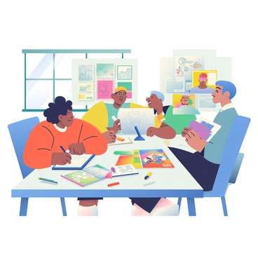 A diverse team of illustrators is gathered around a large drafting table, collaborating on a graphic novel. One illustrator, a woman with curly black hair, is sketching characters on a piece of white paper, while another, a man with glasses and a short beard, is reviewing storyboards on a laptop. A third illustrator, a person with short blue hair, is adding vibrant colors to an illustration with markers. Scattered around the table are pens, brushes, and several open sketchbooks filled with ideas. The atmosphere is focused and creative, with sunlight streaming through a nearby window, illuminating the workspace.