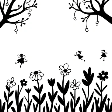A meadow filled with various flowers in different sizes and shapes. Delicate fairy lights hang from the branches of nearby trees, casting a soft glow over the scene. Tiny fairies, depicted as small figures with wings, are seen gracefully dancing above the flowers, their motions capturing the whimsical essence of the moment. The ground is covered in lush green grass, and some flowers tilt under the weight of the fairies as they flit about.