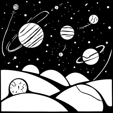 A vast galactic scene featuring multiple planets of various sizes scattered across the composition. Each planet has distinct textures and patterns on their surfaces. Comets with bright tails are seen streaking across the background, dispersing stardust as they travel. The backdrop is filled with swirling patterns that suggest movement, creating a sense of depth and dimension. Stars are scattered throughout the scene, adding to the cosmic atmosphere.