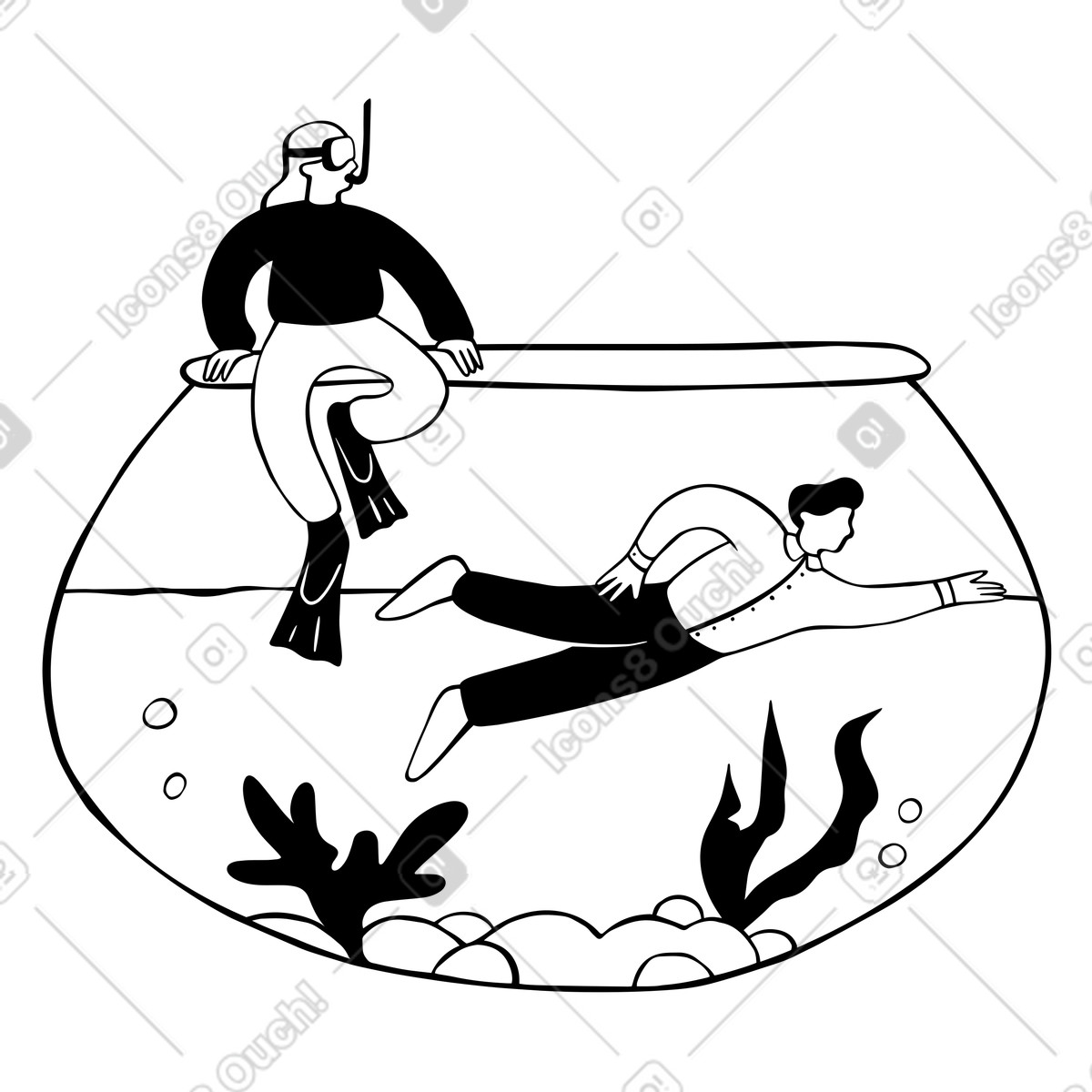 Illustration Processus d'intégration des employés, personnes plongeant dans un aquarium le style Journal à télécharger aux formats PNG, SVG