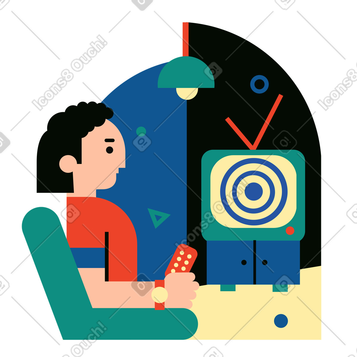 Mann schaut sich hypnotische kreise im fernsehen an-Illustration Polar-Stil als Download in PNG, SVG