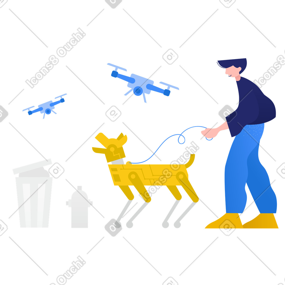 Man walking robot dog in futuristic city illustration Clip style download PNG, SVG