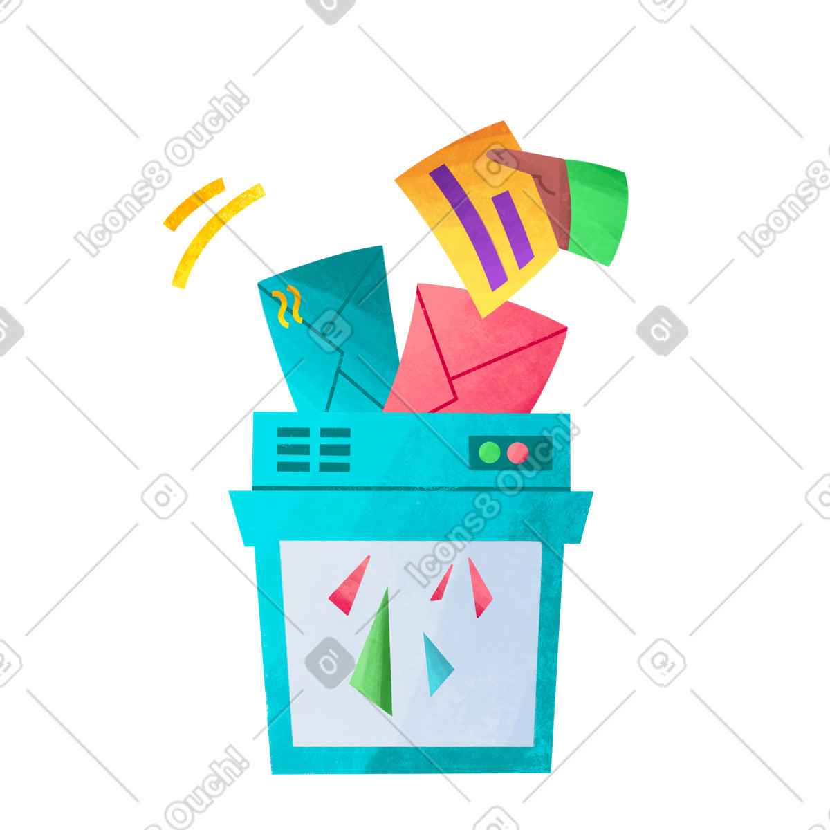 Destroying mail with shredder, email cleanup and management illustration in Bonbon style download in PNG, SVG