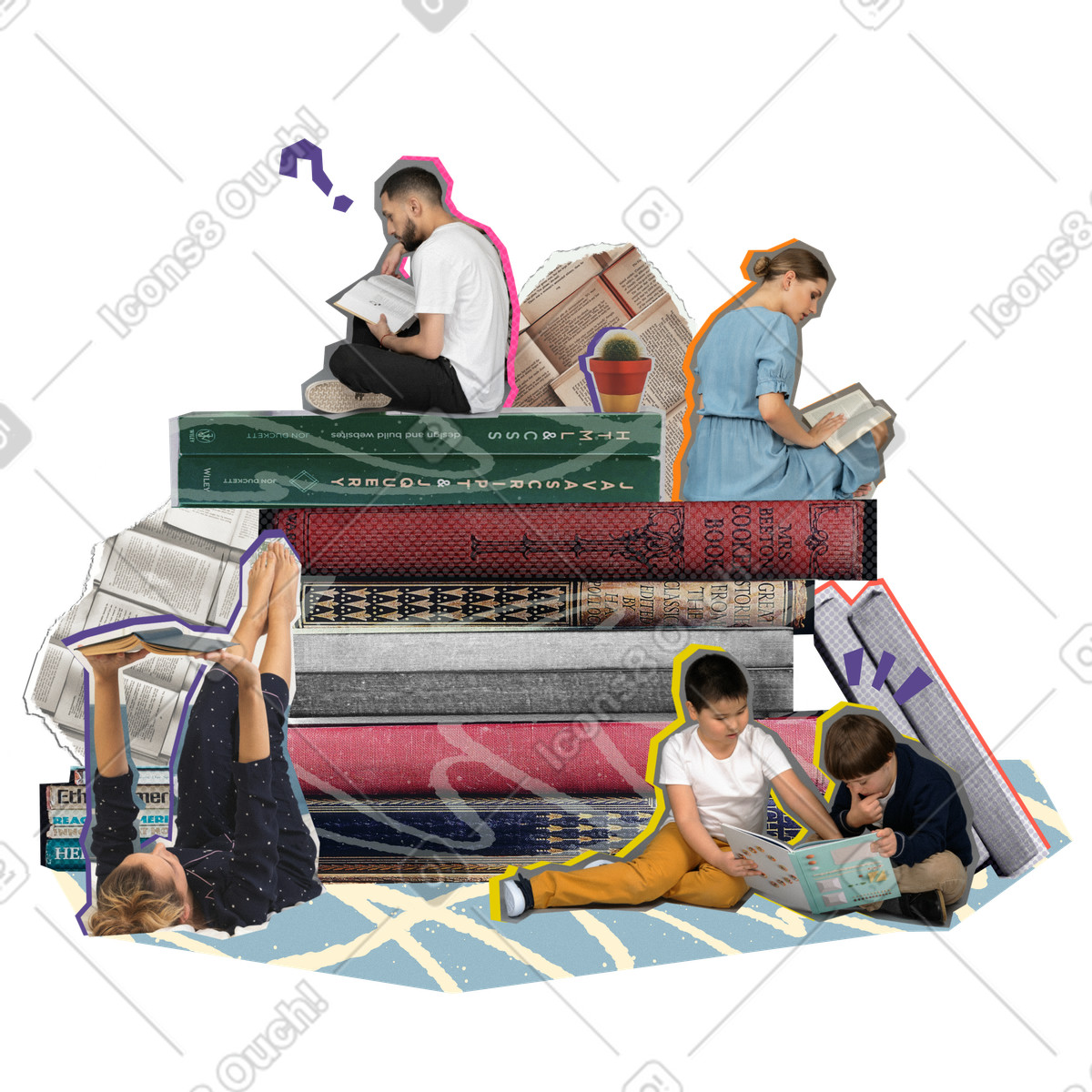 Иллюстрация People of different ages reading в стиле Paper Cut — скачать в форматах PNG, SVG