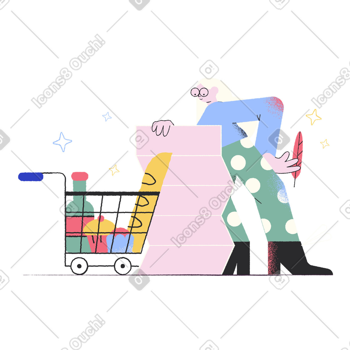 Frau mit einkaufswagen schaut auf einkaufsliste-Illustration im Pablo-Stil als Download in PNG, SVG