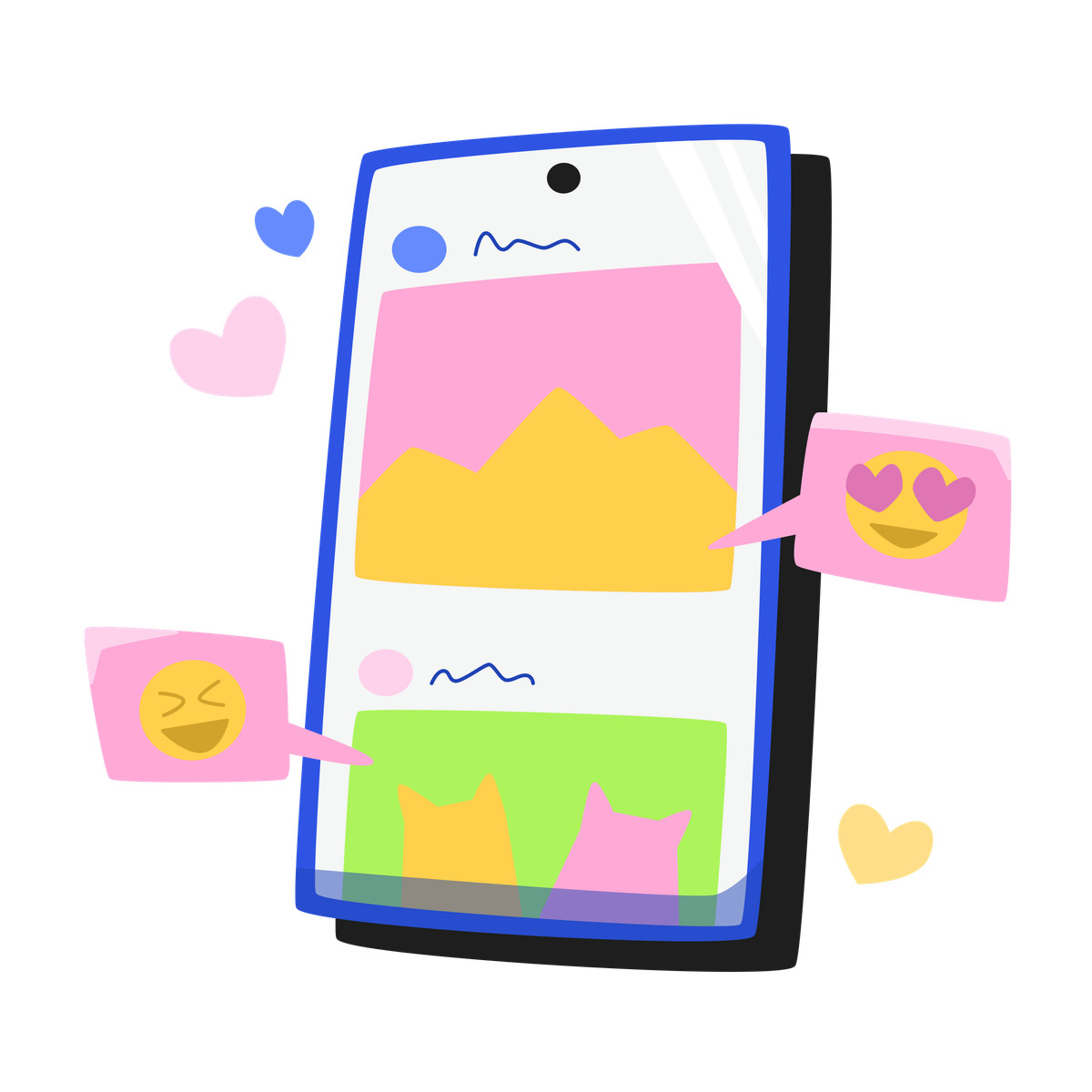 Illustration Photos postées sur les réseaux sociaux, avec likes et réactions dans le style Bouncy à télécharger aux formats PNG, SVG