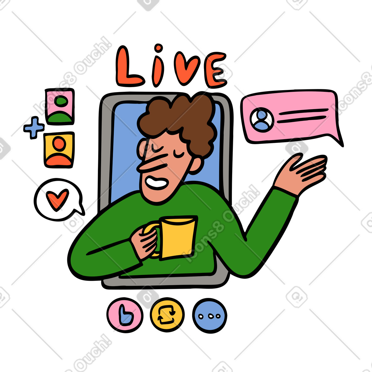 Uomo che ospita uno streaming live online illustrazione in stile Comic scarica in PNG, SVG