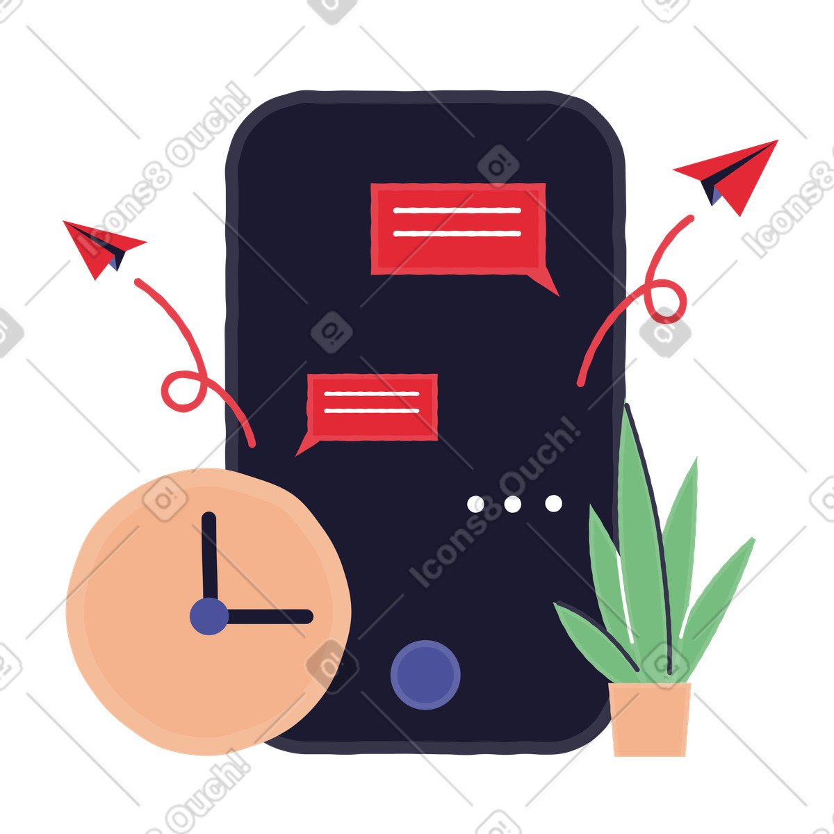 Illustration Des fleurs et un téléphone portable d'où partent messages dans le style Stripy à télécharger aux formats PNG, SVG